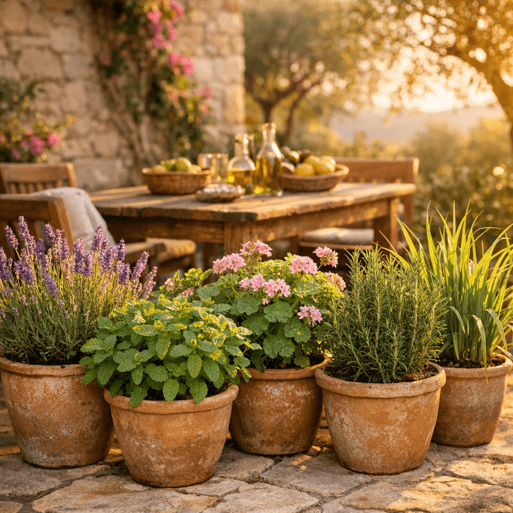 Plantes anti-moustique en pots (lavande, menthe, géranium, citronnelle) sur une terrasse provençale