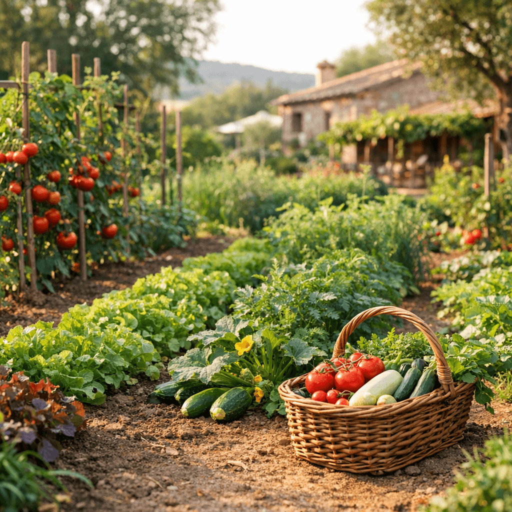 Potager familial en été, légumes variés cultivés au naturel sans pesticide