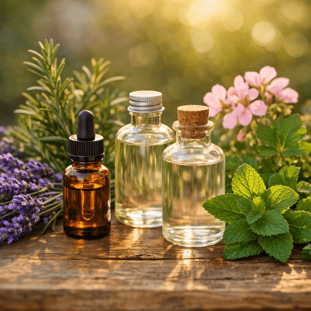 Flacons d'hydrolat et d'huile essentielle avec plantes aromatiques, base des répulsifs naturels