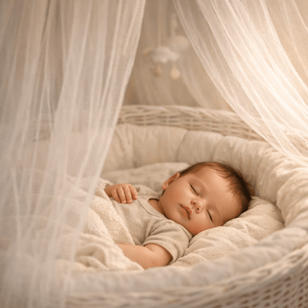Bébé endormi sous une moustiquaire, protection naturelle et sans danger contre les moustiques