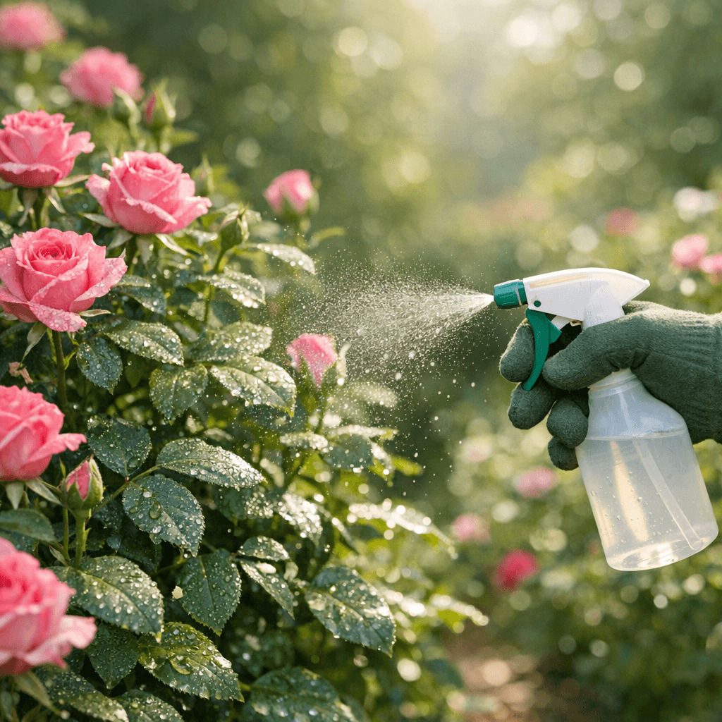 Pulvérisation d'un anti-puceron naturel sur un rosier en fleurs