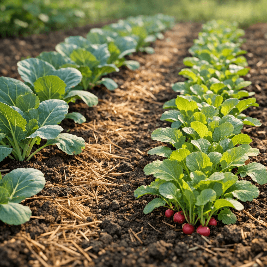 Rangées de choux et radis sains au potager, protégés naturellement des altises