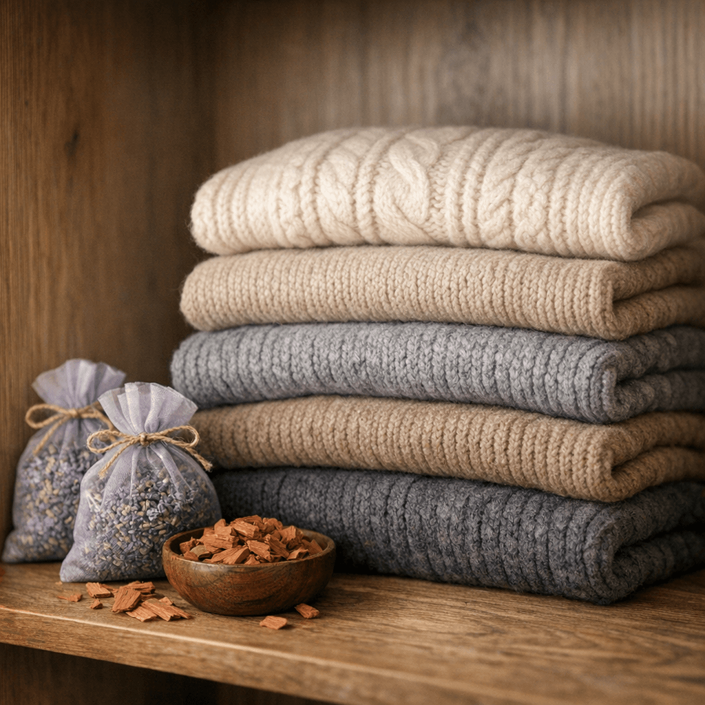 Vêtements en laine pliés avec lavande et cèdre, anti-mite naturel sans naphtaline