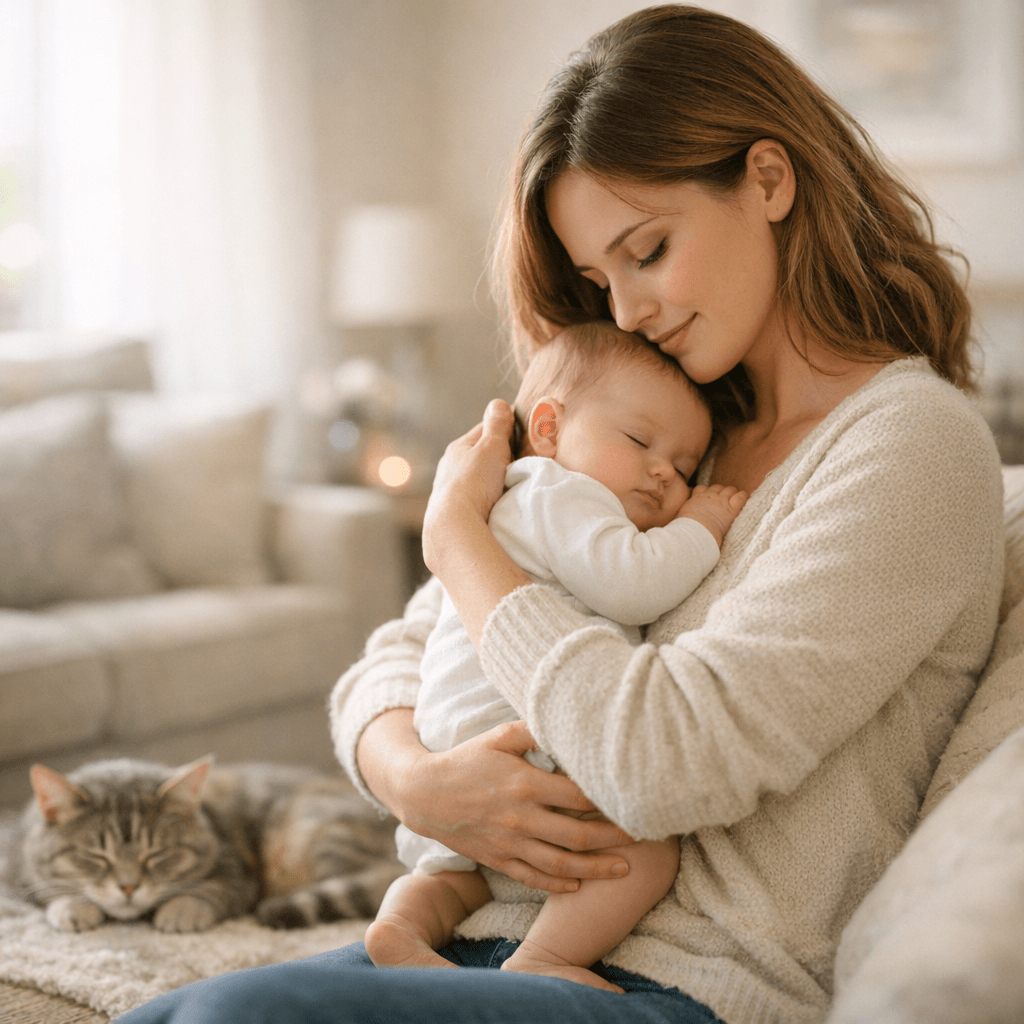 Maman, bébé et chat à la maison, répulsif naturel sans danger pour toute la famille
